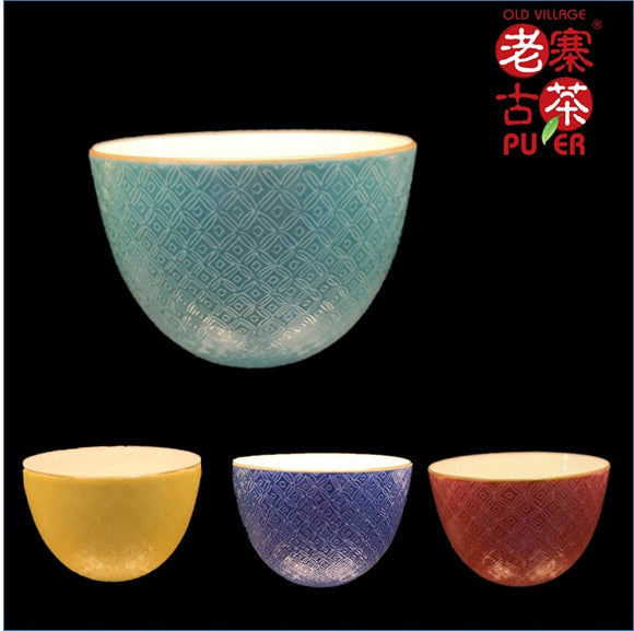 Porcelain Tea tasting cup set of 4s from Jing De Zhen 景德镇 宝瓷林 高级礼品 茶具4件套装- 扒花四色 铜钱纹 小罗汉杯 - Old Village Puer 老寨古茶