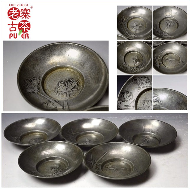 Saucer set, antique tin 古锡茶杯垫套装 - Old Village Puer 老寨古茶