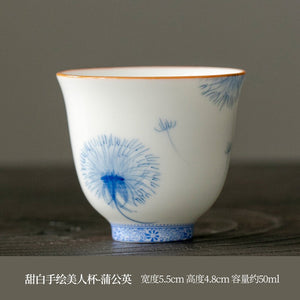 OVP white porcelain tasting cups, Flower Fairy shape hand-drawn 50ml 德化手绘白瓷花神杯