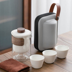 Travel Brewing Set - Portable Porcelain Tea Brewing Set with 3 cups and a carrier pouch