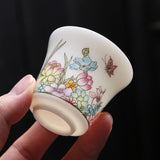 OVP white porcelain tasting cups with Decal and Gold Detailing, Blooming Flowers 70ml from Dehua, Fujian, China 繁花似锦 描金 撇口品茗杯