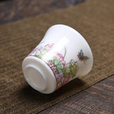 OVP white porcelain tasting cups with Decal and Gold Detailing, Blooming Flowers 70ml from Dehua, Fujian, China 繁花似锦 描金 撇口品茗杯