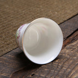 OVP white porcelain tasting cups with Decal and Gold Detailing, Blooming Flowers 70ml from Dehua, Fujian, China 繁花似锦 描金 撇口品茗杯