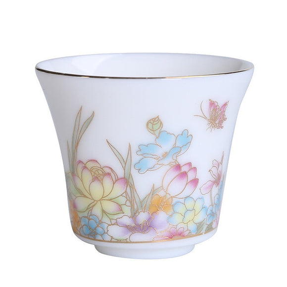 OVP white porcelain tasting cups with Decal and Gold Detailing, Blooming Flowers 70ml from Dehua, Fujian, China 繁花似锦 描金 撇口品茗杯