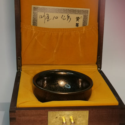 Huang Meijin Golden Oil Drop Incense-Burner Jianzhan Tenmoku Cha-wan HMJ040｜Jian Ware Tea Bowl with Certificate｜黄美金 金油滴香炉盏