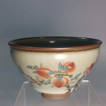 Yang Feiyan Hand-Painted Shoutao Jianzhan Tea Bowl YFY043｜Porcelain-Glazed Jian Ware with Certificate｜杨飞燕 手绘寿桃建盏