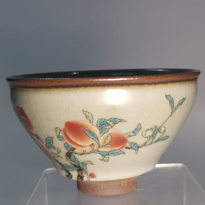 Yang Feiyan Hand-Painted Shoutao Jianzhan Tea Bowl YFY043｜Porcelain-Glazed Jian Ware with Certificate｜杨飞燕 手绘寿桃建盏