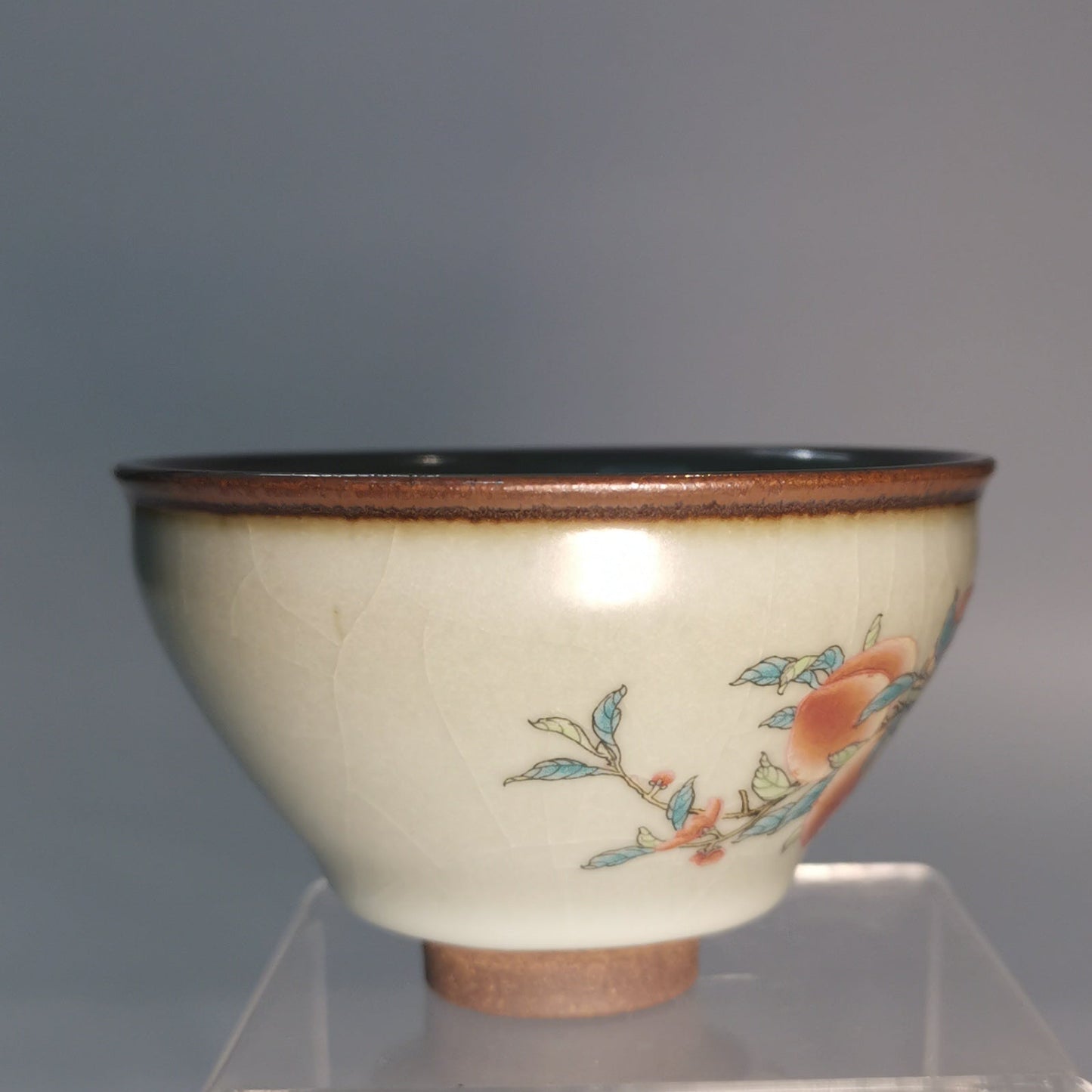 Yang Feiyan Hand-Painted Shoutao Jianzhan Tea Bowl YFY043｜Porcelain-Glazed Jian Ware with Certificate｜杨飞燕 手绘寿桃建盏
