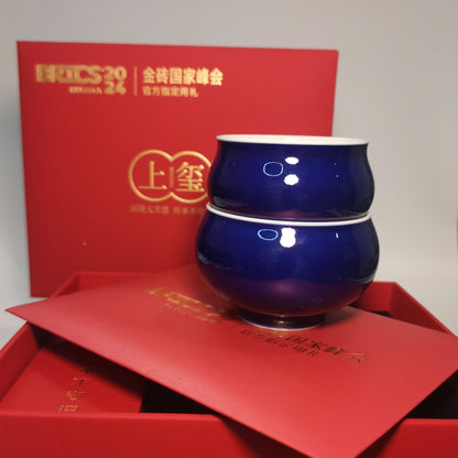 Fu Lu Shuang Zhi Ji Blue Porcelain Cup Pair by Xiu Guangming｜2024 BRICS Official Event Gift｜修光明 福禄双至 霁蓝 福禄对杯