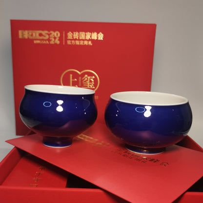 Fu Lu Shuang Zhi Ji Blue Porcelain Cup Pair by Xiu Guangming｜2024 BRICS Official Event Gift｜修光明 福禄双至 霁蓝 福禄对杯