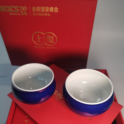 Fu Lu Shuang Zhi Ji Blue Porcelain Cup Pair by Xiu Guangming｜2024 BRICS Official Event Gift｜修光明 福禄双至 霁蓝 福禄对杯