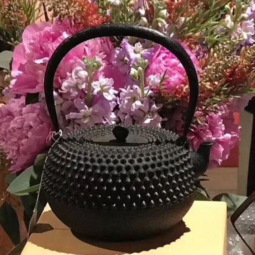 Japan Nanbu Satetsu Tetsubin, Koizumi Nizaemon, Ōarare Mon Ubaguchi Maru Gata 日本南部砂铁瓶，御釜屋 小泉仁左衛門 十代  大霰文姥口丸形鉄瓶 供箱