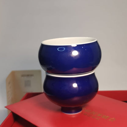 Fu Lu Shuang Zhi Ji Blue Porcelain Cup Pair by Xiu Guangming｜2024 BRICS Official Event Gift｜修光明 福禄双至 霁蓝 福禄对杯