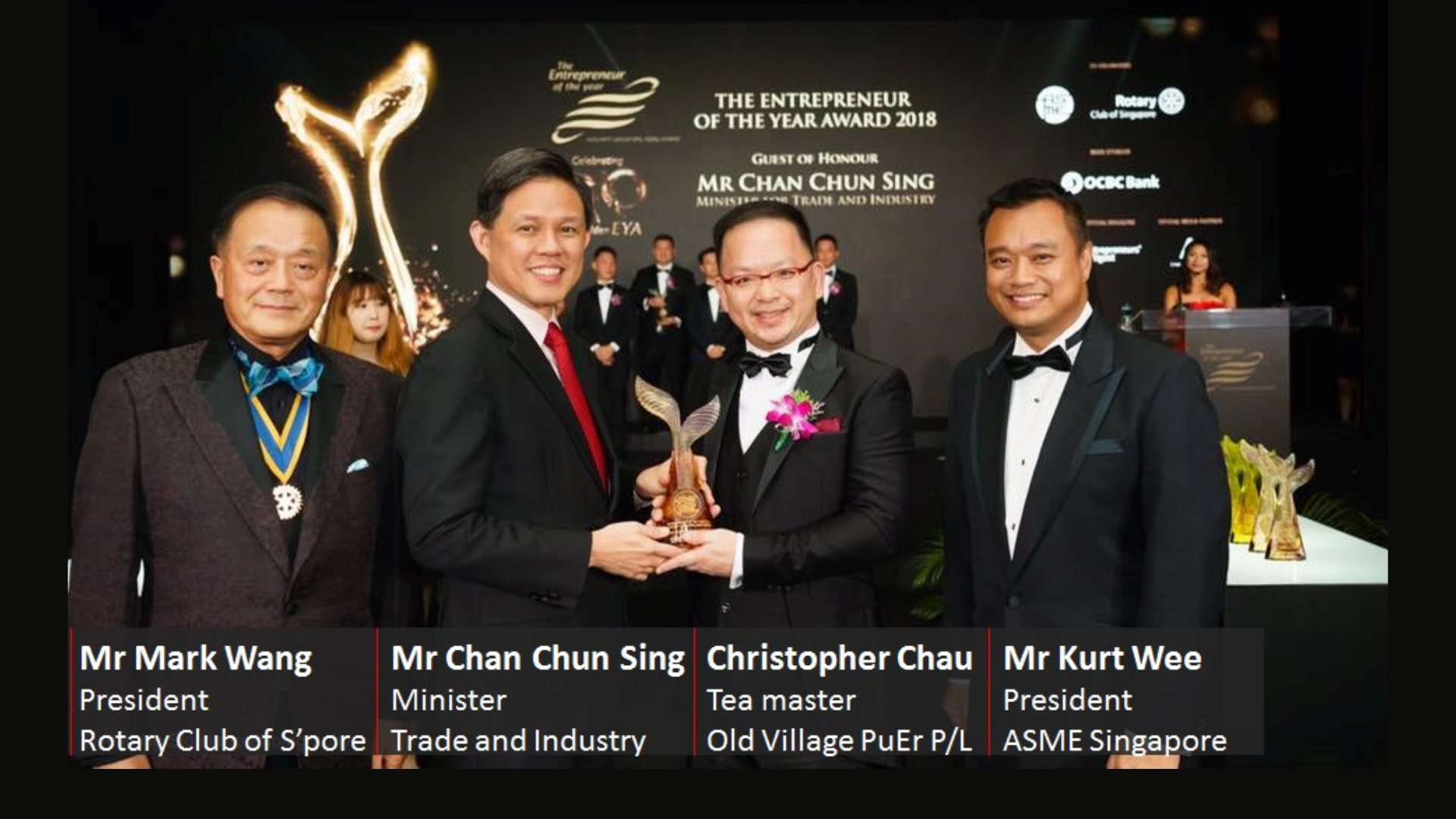 Group of people at an awards ceremony with a trophy, against a backdrop of event branding.