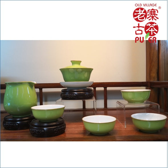 Porcelain Tea set of 6s from Jing De Zhen 景德镇 宝瓷林 六件套装 高级礼品茶具苹果绿 - Old Village Puer 老寨古茶