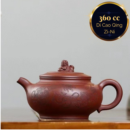 Zisha teapot LION, handmade by artist Level 2, MU Ming-Long 穆明龙（L2-2019）底槽青 瑞狮