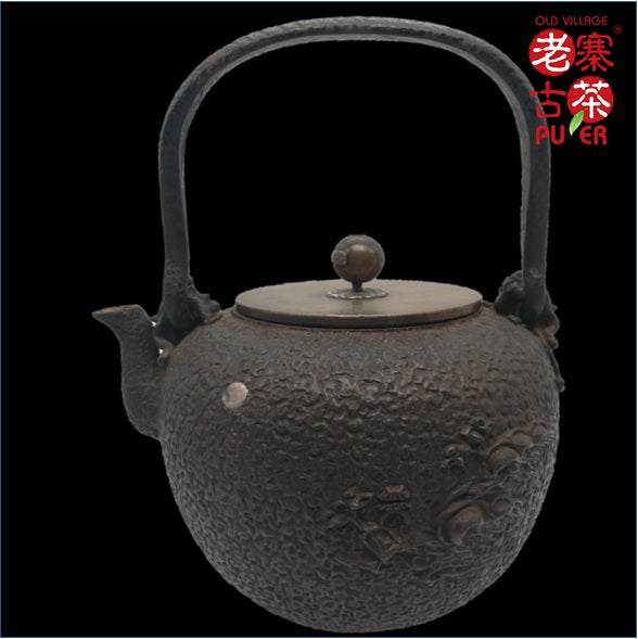 Japan Kyoto Tetsubin, Kibundo 日本京都老铁瓶，亀文堂 初期 波千鸟 家戌双款 供箱 - Old Village Puer 老寨古茶