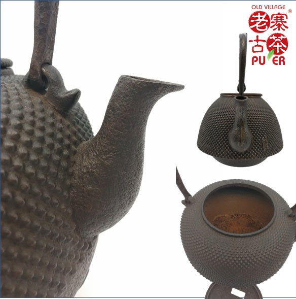 Japan Nanbu Tetsubin, Koizumi Nizaemon 日本南部铁瓶，御釜屋 小泉仁左衛門 八代 霰文丸形 供箱 - Old Village Puer 老寨古茶