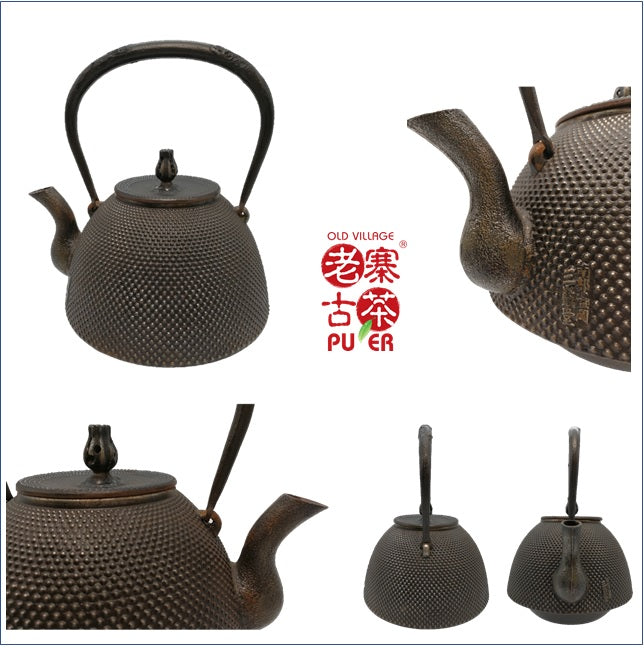 Japan Nanbu Satetsu Tetsubin, 日本南部砂铁瓶，盛冈三严堂 南部形 霰纹 - Old Village Puer 老寨古茶