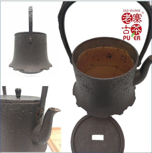 Japan Nanbu Satetsu Tetsubin, Koizumi Nizaemon 日本南部砂铁瓶，御釜屋 小泉仁左卫门 八代 锯广寸筒形 供箱 - Old Village Puer 老寨古茶