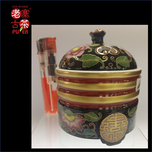 Porcelain Incense Burner from Jing De Zhen Kangxi Famille Rose 景德镇 宝瓷林 黑地珐琅彩 香炉 - Old Village Puer 老寨古茶