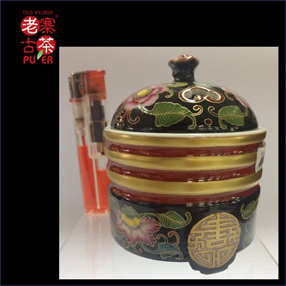 Porcelain Incense Burner from Jing De Zhen Kangxi Famille Rose 景德镇 宝瓷林 黑地珐琅彩 香炉 - Old Village Puer 老寨古茶