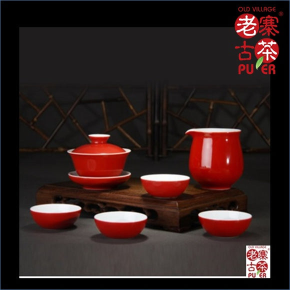 Porcelain Tea set of 6s from Jing De Zhen 景德镇 宝瓷林 六件套装 高级礼品茶具 祭红 - Old Village Puer 老寨古茶