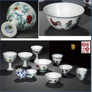 Porcelain Tea tasting cup set of 10s from Jing De Zhen 景德镇 宝瓷林 十全十美 仿古品茗杯 - Old Village Puer 老寨古茶