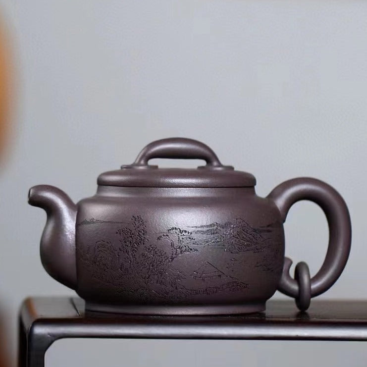 宜兴紫砂壶稀有天青泥矮环龙穆明龙国家级高级工艺美术师作品– Old