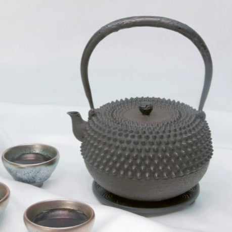 Japan Nanbu Satetsu Tetsubin, Koizumi Nizaemon, Ōarare Mon Ubaguchi Maru Gata 日本南部砂铁瓶，御釜屋 小泉仁左衛門 十代  大霰文姥口丸形鉄瓶 供箱