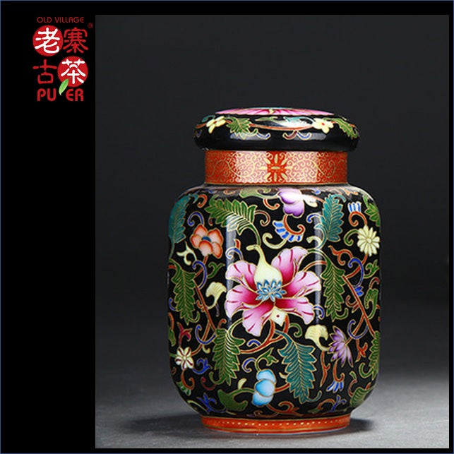 Porcelain Tea Caddy from Jing De Zhen Kangxi Famille Rose 景德镇 宝瓷林 高级礼品 黑地珐琅彩 茶叶罐 - Old Village Puer 老寨古茶