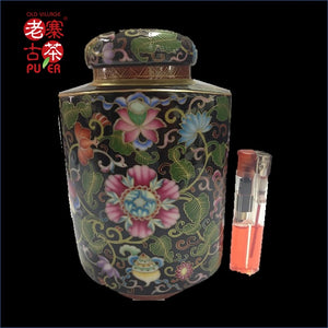 Porcelain Tea Caddy from Jing De Zhen Kangxi Famille Rose 景德镇 宝瓷林 高级礼品 黑地珐琅彩 茶叶罐 - Old Village Puer 老寨古茶